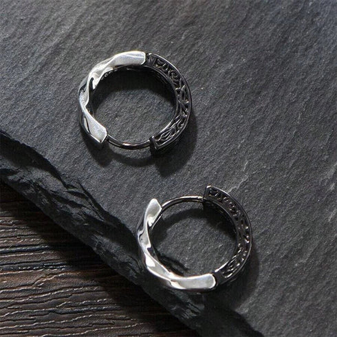 Retro Tang Grass Grain Sense Textured Black Silver Niche Men Women Hoop Earrings